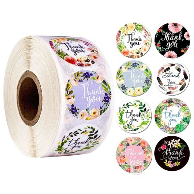 Newest Design 500 stickers per roll Thankyou word decoration round sealing flower sticker for gift bag