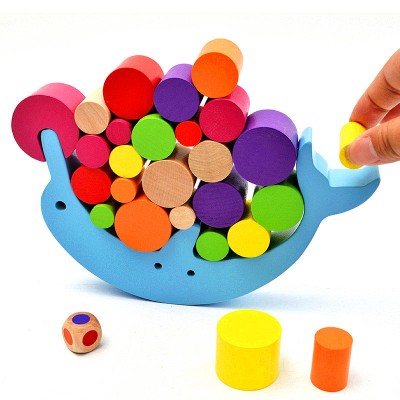 Fashion Style Colorful Building Block Wooden Stacking  Educational Puzzle Board Game Dolphin Balance Block