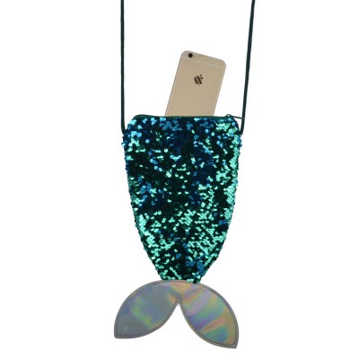 Fashion Glitter Sequin Mermaid Shape crossbody bag with string for kids wallet set